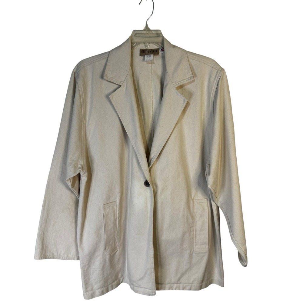 VTG On The Verge Womens Blazer Large US Made One Button Beige Pockets Baggy